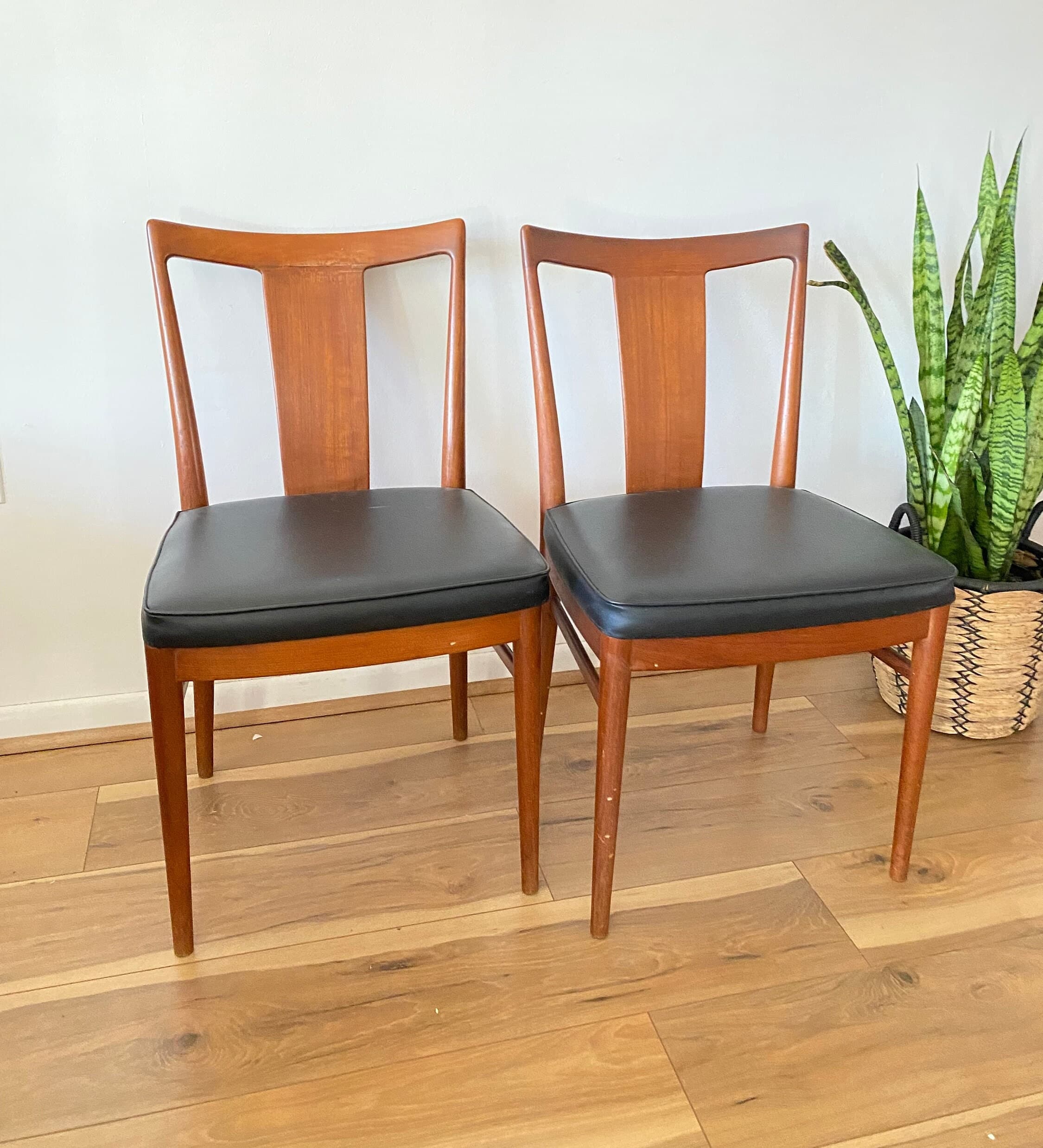 A Pair of Upholstered Mid Century Modern Dining Chairs, Vintage MCM Faux Leather Upholstered Danish Dining chairs