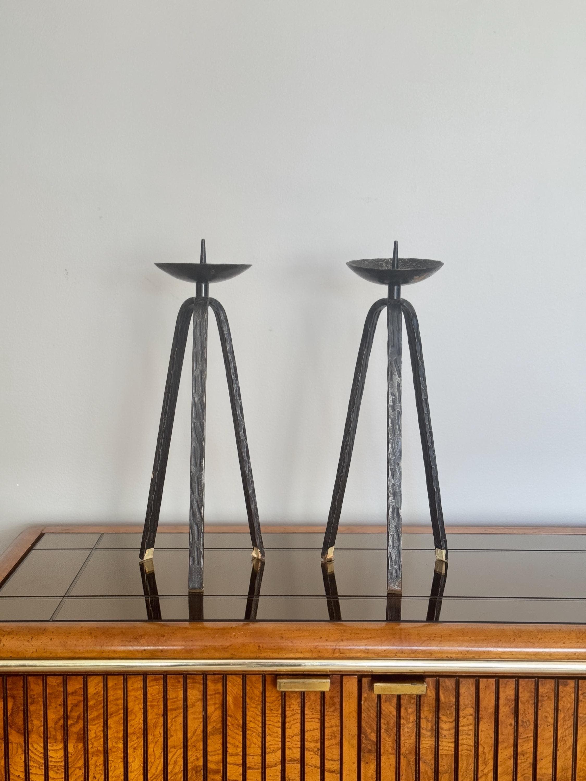 A pair of Vintage Wrought Iron Tripod Candleholders