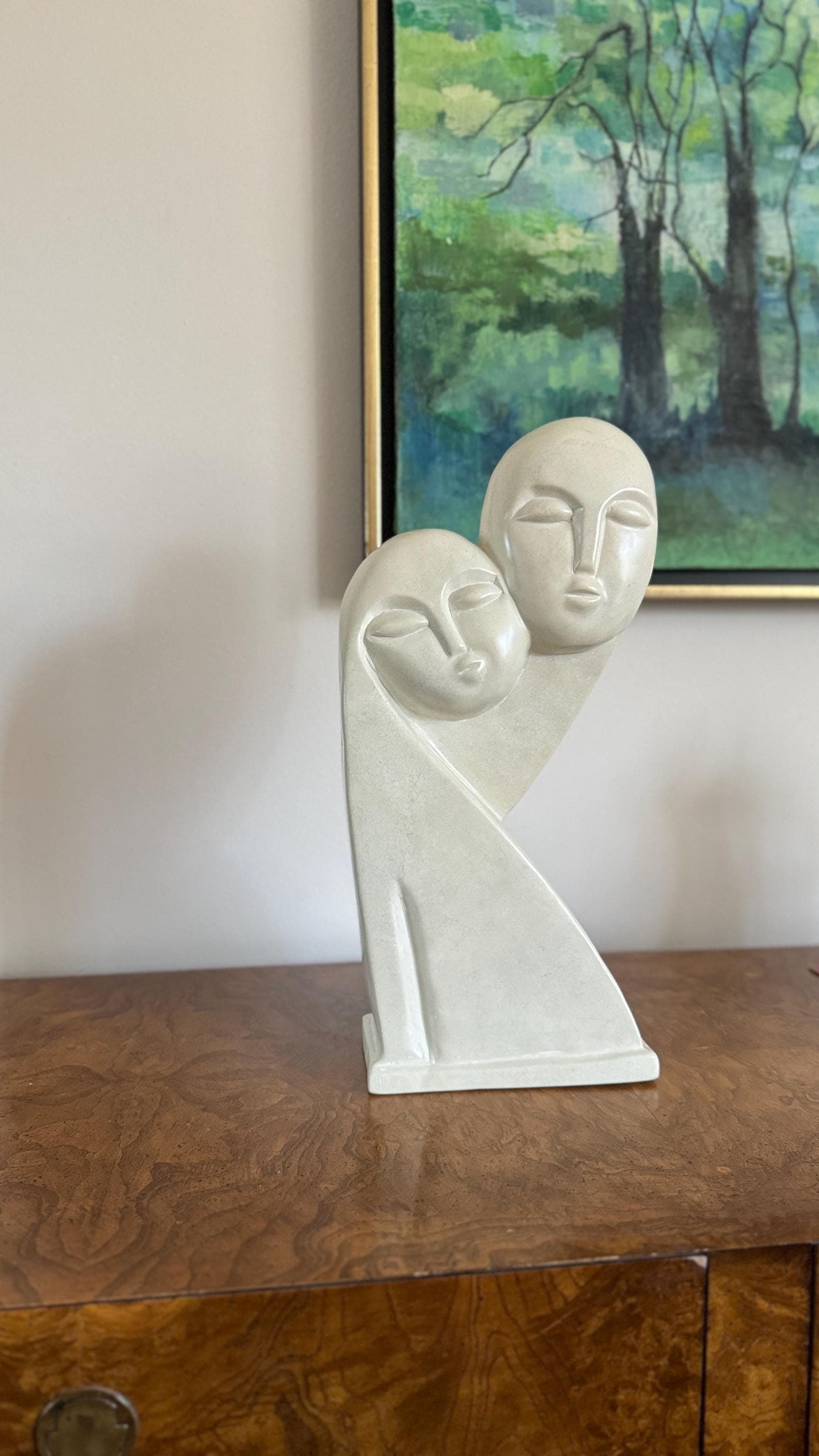 Abstract Dual-Face Sculpture in White Cast Stone