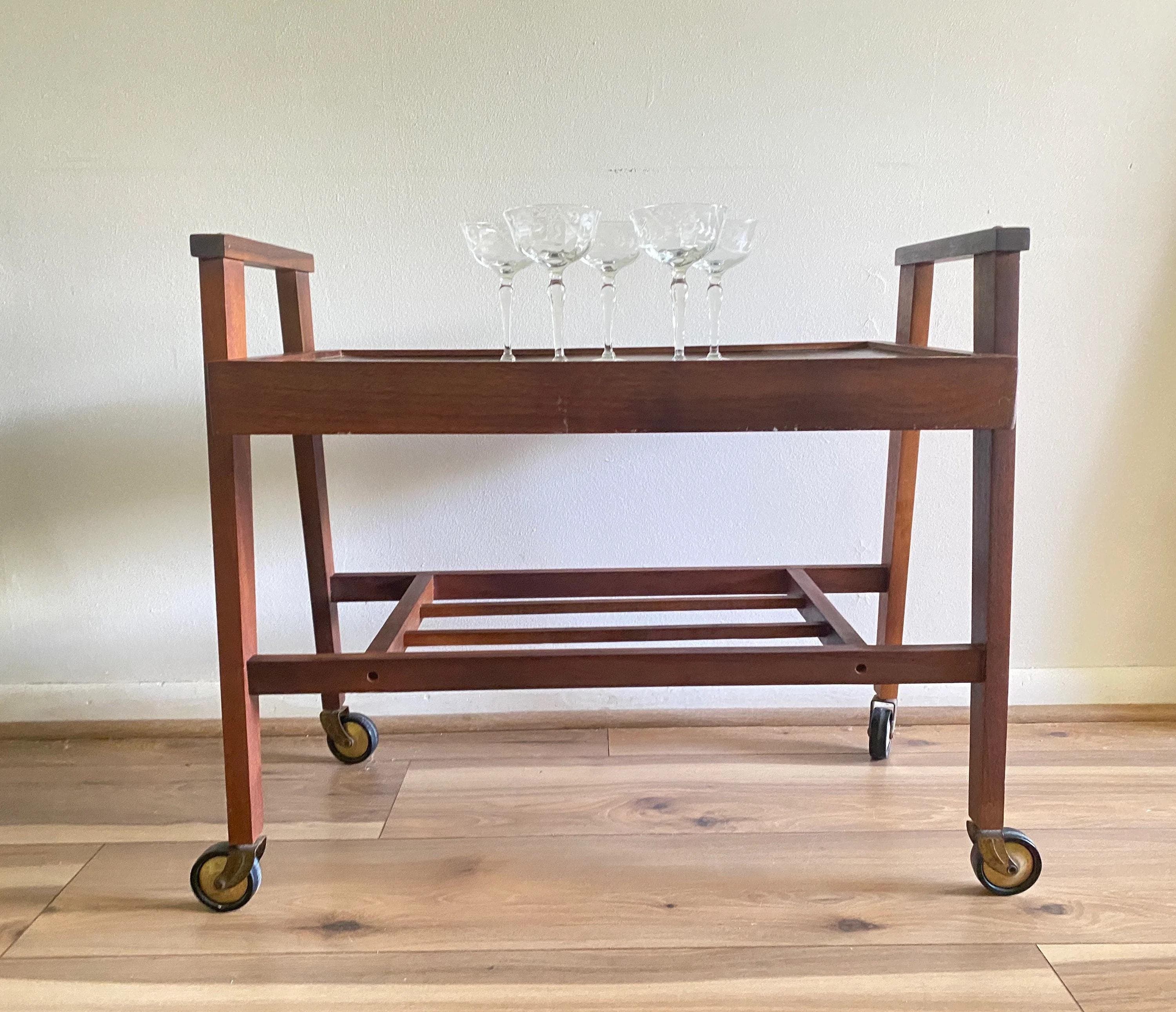 Mid Century Wood Bar Cart on Wheels: Vintage Two-Tier Trolley