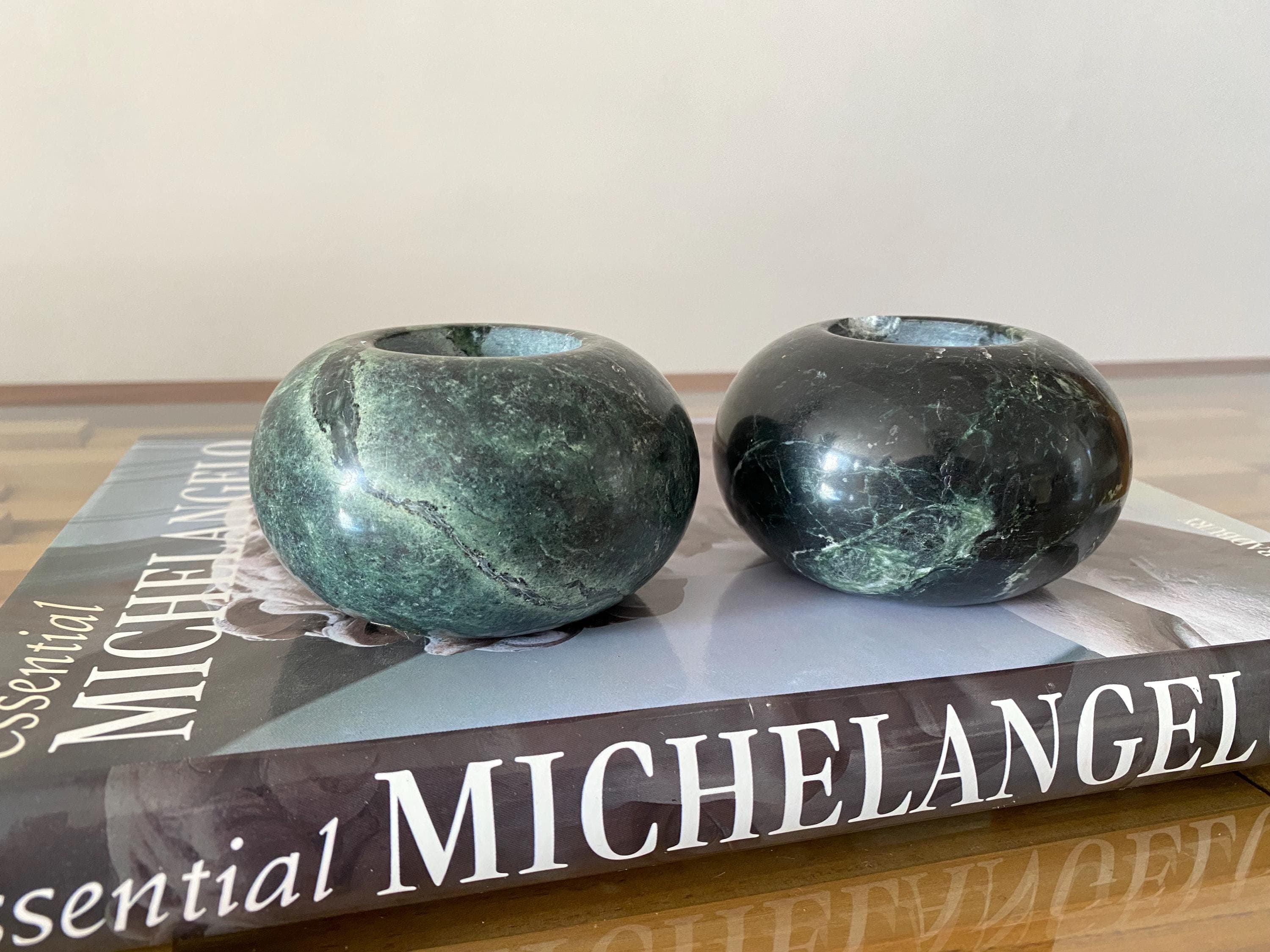 Vintage Green Marble Candle Holders, Pair of Solid Stone Round Candleholders