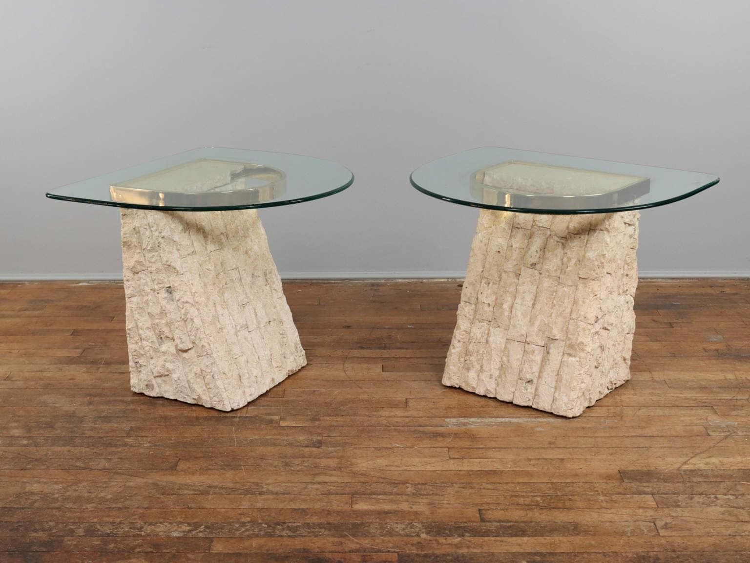 Vintage Mactan Stone Side Table with Glass Top - 1980s Maitland Smith Style