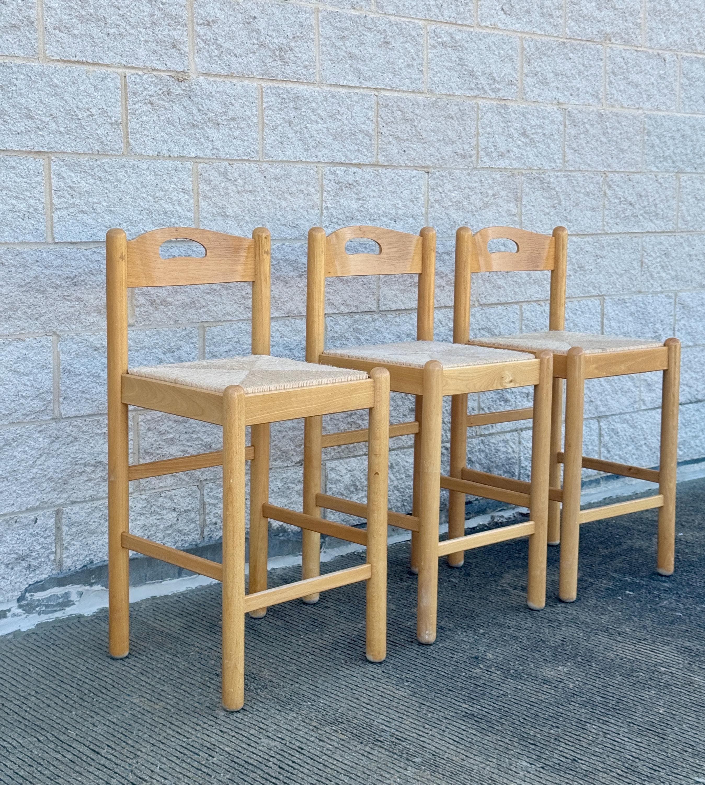 Vintage Rush Seat Birch Bar Stools - 3 available