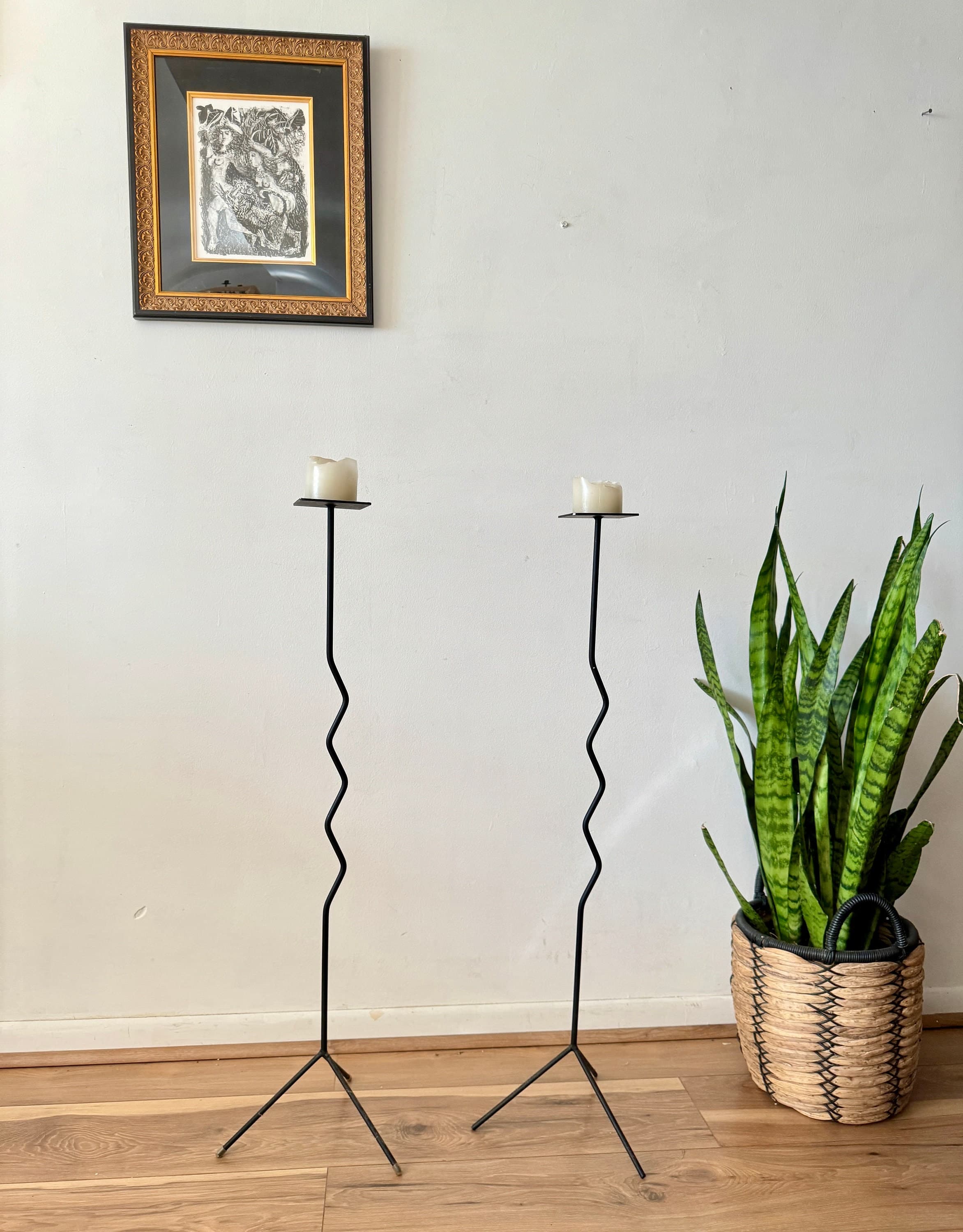 Vintage zig zag wrought iron floor candleholders - 1 available