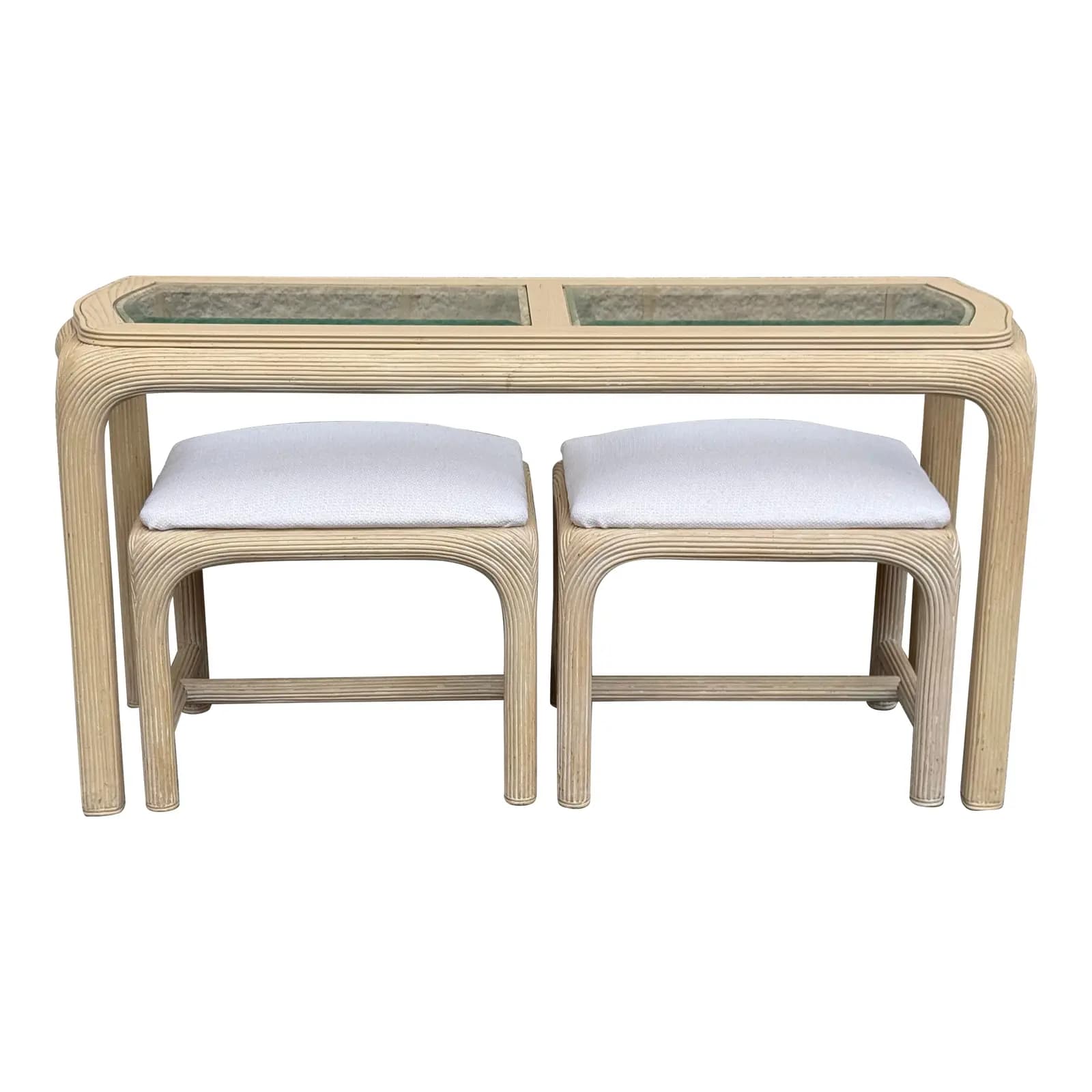 1970s Reed Console and Pair of Stools
