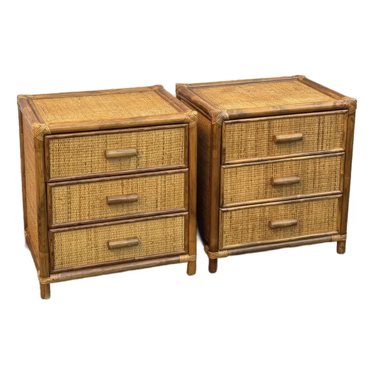 Pair of Rattan Bamboo Nightstands